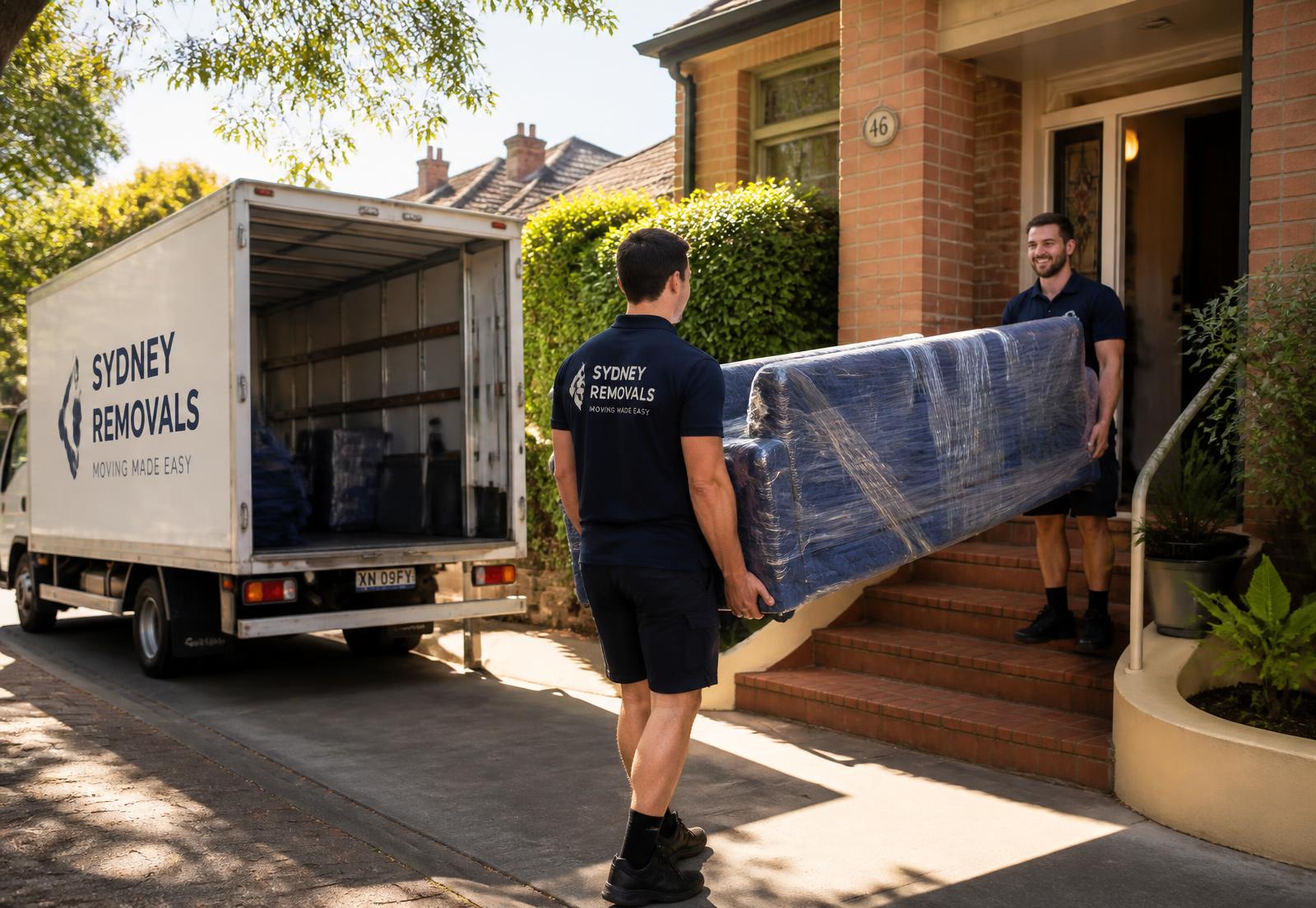 Removalists carrying a wrapped sofa from a Sydney home to a moving truck